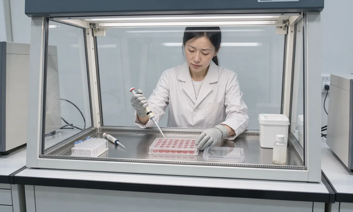 A technician handling a cell culture plate inside a bright laboratory enclosure