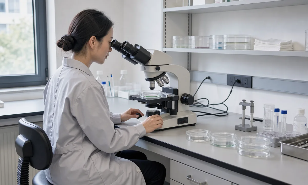 A laboratory worker looking through an inverted microscope beside clear culture dishes