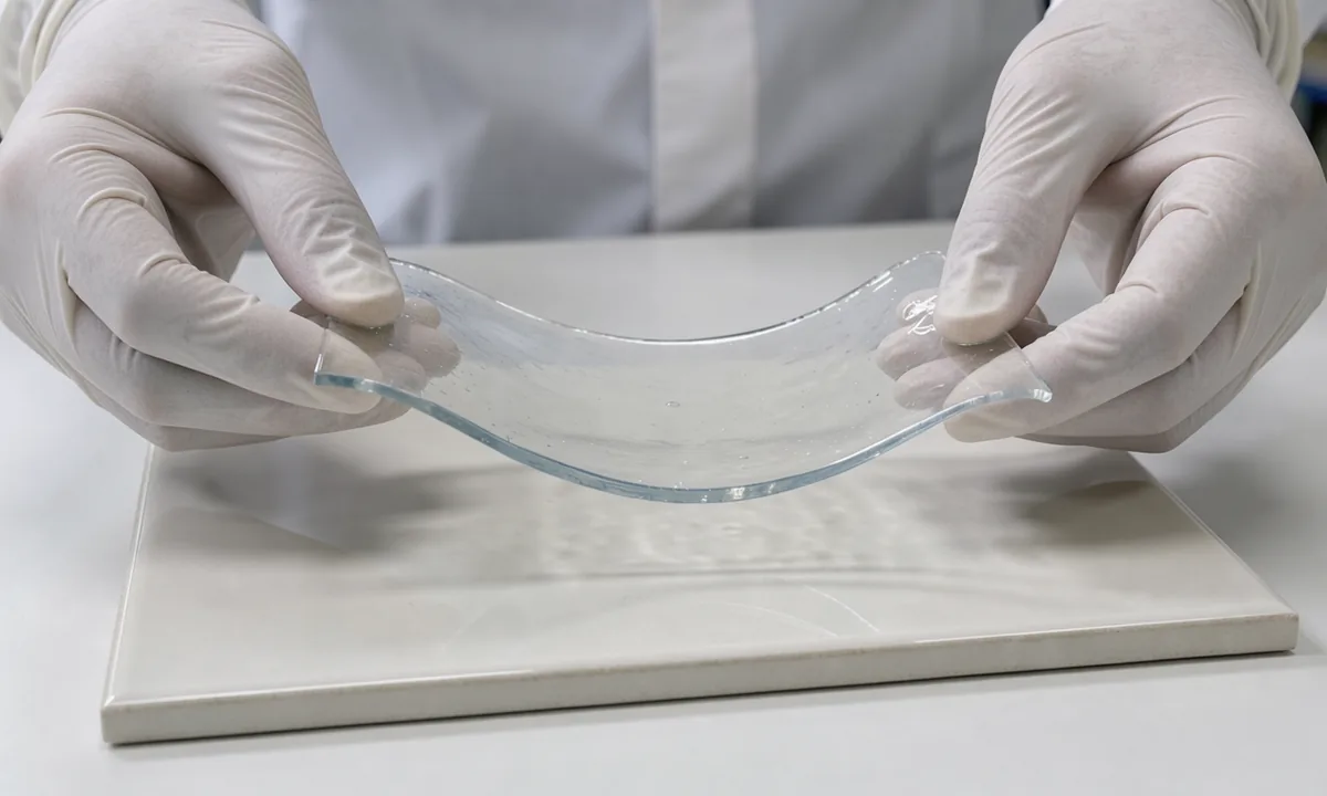 Gloved hands lifting a thin transparent gel sheet above a pale laboratory tile